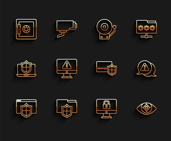 Set Line Browser Shield Document Folder Protection Safe Lock Monitor — стоковый вектор