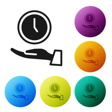 Siyah Saat simgesi beyaz arkaplanda izole edildi. Zaman sembolü. Simgeleri renk daire düğmelerine ayarla. Vektör