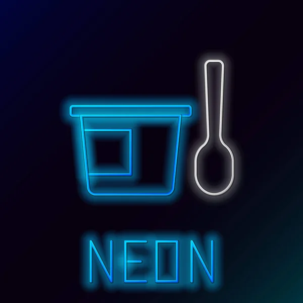 Glowing neon line Yogurt container with spoon icon isolated on black background. 플라스틱 컵에요. 화려 한 윤곽 개념. Vector — 스톡 벡터