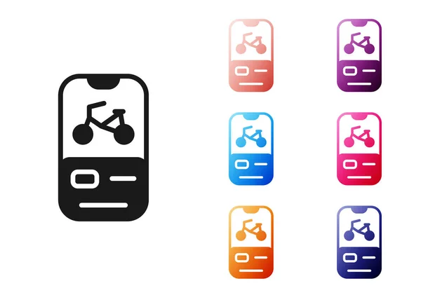 Nero Bicicletta noleggio icona dell'app mobile isolato su sfondo bianco. Servizio intelligente per noleggiare biciclette in città. App mobile per il sistema di condivisione. Set icone colorate. Vettore — Vettoriale Stock