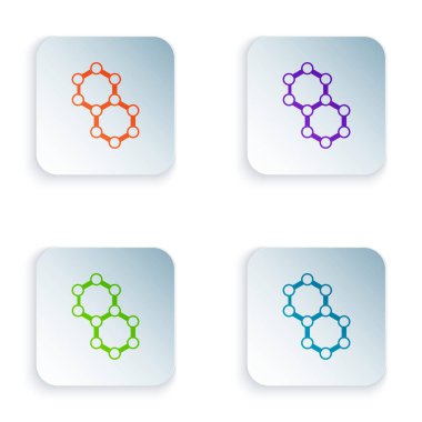 Beyaz arkaplanda izole edilmiş renkli molekül simgesi. Kimya moleküllerinin yapısı, fen öğretmenlerinin yenilikçi eğitim posteri. Kare düğmelere renkli simgeleri yerleştir. Vektör