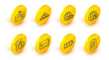 Kontrol listeli satır panosu, pil seviyesi göstergesi, kredi kartı, bozuk para dolar sembolü, dünya küresi, dünya, altın külçeler ve kimlik rozeti simgesi. Vektör