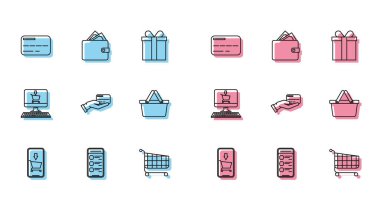 Cep telefonu ve alışveriş arabası, çevrimiçi cep telefonu, kredi kartı, alışveriş, kredi kartı, ekran bilgisayarı ve cüzdan desteleri ile el ele tutuşmalar nakit para ikonu. Vektör