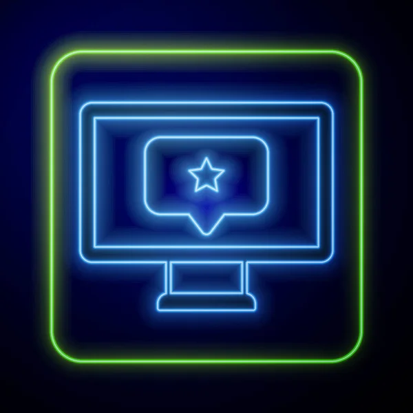 Gloeiende neon monitor met ster pictogram geïsoleerd op blauwe achtergrond. Favoriete, beste beoordeling, award symbool. Vector — Stockvector