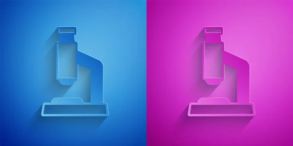 Paper cut Microscope icon isolated on blue and purple background. Chemistry, pharmaceutical instrument, microbiology magnifying tool. Paper art style. Vector — Stock Vector