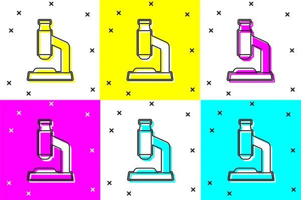 Ustaw ikonę mikroskopu izolowane na tle koloru. Chemia, instrument farmaceutyczny, narzędzie powiększające mikrobiologię. Wektor — Wektor stockowy