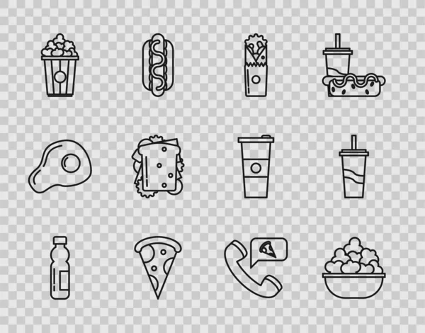 Set Flasche Wasser, Popcorn in Schüssel, Dönerspieß, Pizza in Scheiben schneiden, Karton, Sandwich, Lebensmittelbestellung und Papierglas mit Trinkhalm-Symbol. Vektor — Stockvektor