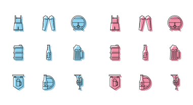 Bir bardak bira, bira şişesi, ahşap fıçı, Lederhosen, müzik aleti trompeti, tahta bardak, metal fıçı ve cam ikon ile sokak tabelasını dizin. Vektör