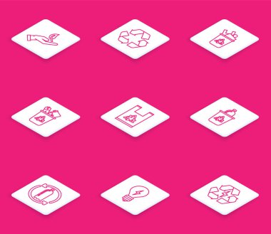 Çevre koruma, geri dönüşüm sembolü, geri dönüşümlü çöp kutusu, plastik torba, geri dönüşüm plastik şişe ve ampul yıldırımı simgesi olarak şerit oluşturun. Vektör