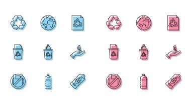 Plastik poşet posterine, plastik şişeye, geri dönüşüm sembolüne, okyanus kirliliğine, geri dönüşümlü çöp kutusuna, çevre korumasının filizlenen eline ve Dünya küresi ikonuna hayır de. Vektör