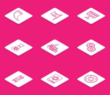 Geleneksel koç boynuzu, shofar, bayrak İsrail, Hanuka menorah, Yahudi para çantası yıldız David, dreidel ve sikke, Tevrat parşömeni ve torah kitap ikonu. Vektör