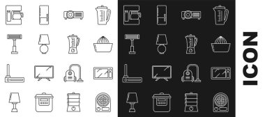 Elektrik ısıtıcısı, mikrodalga fırın, meyve sıkacağı masa lambası, cam demlikli kahve makinesi ve mikser ikonu. Vektör