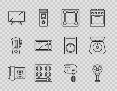 Telefon hattı, elektronik fan, banyo terazisi, gaz ocağı, akıllı televizyon, mikrodalga fırın, mikser ve ölçek ikonu. Vektör