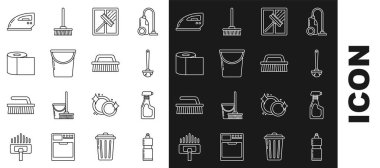 Sıvı bulaşık deterjanı için plastik şişeleri, deterjanı, tuvalet fırçasını, sileceği, kovayı, kağıt rulosunu, elektrikli ütüyü ve fırça temizleme ikonunu yerleştirin. Vektör