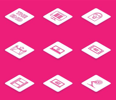 Satır: The End el yazısı yazması, Komik Korkunç Hayalet maskesi, Engelli Halı, Online oyun videosu, 4k film, bant, çerçeve, Video Oynat ve Laptop teknolojisi ikonu. Vektör