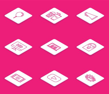 Kurdele, patlamış mısır ve soda bardağı, megafon, bilgisayar bilgisayarı görüntü teknolojisi, internetten sinema bileti, komik korkunç hayalet maskesi, Video ve ikon çal. Vektör