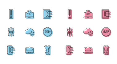 Hat Smartphone, cep telefonu, Bulut teknolojisi veri transferi ve depolama, video oyun konsolu, grafik kart, Ar, artırılmış gerçeklik, işlemci ve dizüstü bilgisayar dişli simgesi ayarla. Vektör