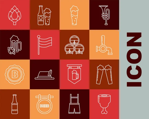 Set line Pata de pollo, Vaso de cerveza, Grifo de cerveza, Bandera de Alemania Nacional, y hop, Hop y estante de barril de madera con stopcock icono. Vector — Vector de stock