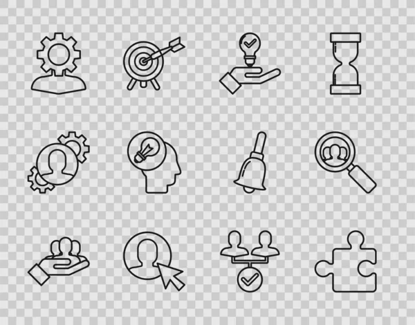 Set line Project team base, Piece of puzzle, Light bulb in hand, User man business suit, Human with gear inside, head lamp, and Magnifying glass for search people icon. Vector — Stock Vector