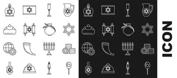 Set line Balloons with ribbon with star of david, Jewish coin, Star David, goblet, Torah scroll, sweet bakery, Burning candle candlestick and Pomegranate icon. Vector — Stock Vector