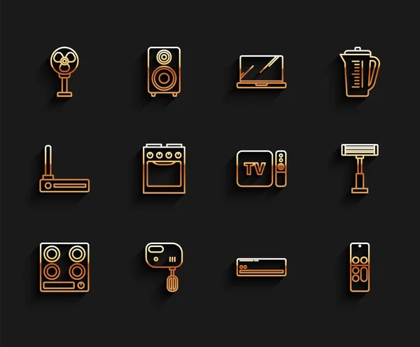 Set line Estufa de gas, Mezclador eléctrico, ventilador, Aire acondicionado, Control remoto, Horno, calentador y receptor de caja de TV y reproductor con icono de mando a distancia. Vector — Archivo Imágenes Vectoriales