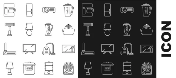 Set Elektroheizer, Mikrowelle, Zitrusfruchtpresse, Tischlampe, Kaffeemaschine mit Glaskanne und Mixer-Symbol. Vektor — Stockvektor