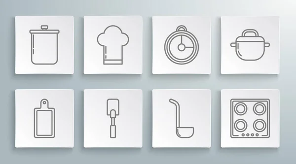 Hat kesme tahtası, Şef şapkası, Spatula, mutfak kepçesi, gaz ocağı, zamanlayıcı, tencere ve ikon. Vektör — Stok Vektör