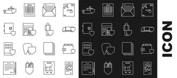 Set line Zerrissene Vertrag, Geldbörse und Geld mit Schild, Lieferung Frachtwagen, E-Mail-Post, Einkaufsgebäude, Safe, Schiff und Lebensversicherung Symbol. Vektor — Stockvektor