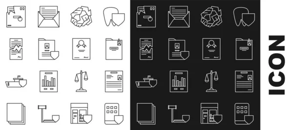 라인 스마트 폰 보험, 개인 문서, 폴더,스 크럼프 페이퍼 볼, 방패, 토른 계약 문서, 기입 봉투, 인증서 템플릿 아이콘. Vector — 스톡 벡터