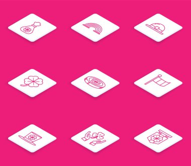 Dört yapraklı yonca, Gökkuşağı, leprikon şapka, dört altın sikke, Ulusal İrlanda bayrağı ve insan eli simgesi taşıyan para çantası. Vektör