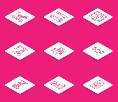 Robot, robot, montaj hattı, mekanik robot eli, kablosuz kontrol CCTV güvenliği ve Smart ev ikonu ile uçan drone 'u ayarlayın. Vektör