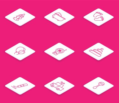 Sabit çizgi Bebek şişesi, küvet, ayak izleri, kurdeleli balonlar, Monitor Walkie Talkie, Piramit oyuncağı, çizim için mum boya kalemi ve oyuncak araba ikonu. Vektör