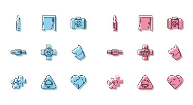 Veterinerlik kliniği sembolü, evcil hayvan yatağı, evcil hayvan şişesi tıbbi, kedili kalp, kedi yaka etiketi ve evcil hayvan ikonu için kapı. Vektör