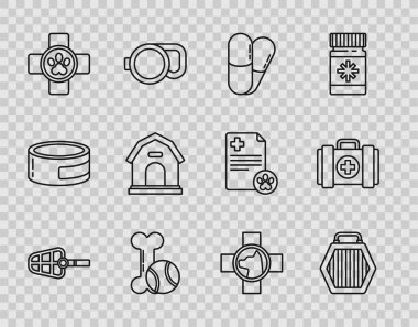 Köpek ağızlığı, hayvan taşıma çantası, haplar, oyuncak kemik topu, veteriner kliniği sembolü, ev ve ilk yardım çantası ikonu. Vektör