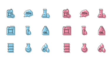 Varil yağı, test tüpü ve matara, motor makinesi için teneke kutu, dolar sembollü yağ damlası, benzin testi, benzin ve CO2 emisyon bulutu ikonu. Vektör