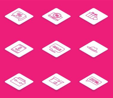 Satır İndirim yüzde etiketi, yüzde indirim ve dizüstü bilgisayar, hediye kutusu, kağıt çek finans çeki, Satış, Erkek şapka kurdelesi, evrak çantası ve karton simgeyle asılma işareti. Vektör