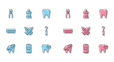 Set hattı beyazlatma konsepti, çevrimiçi diş bakımı, dişçi pensesi, çapraz diş macunu tüpü diş macunu, diş macunu pulu, takma diş modeli ve ağız gargarası ikonu. Vektör