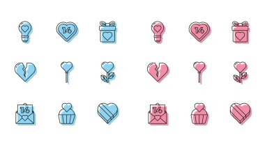 Zarfta sevgililer günü kalbi, düğün pastası, kalp şeklinde ampul, şeker şeklinde kutu, balon şeklinde çiçek, kırık boşanma ve ikon. Vektör