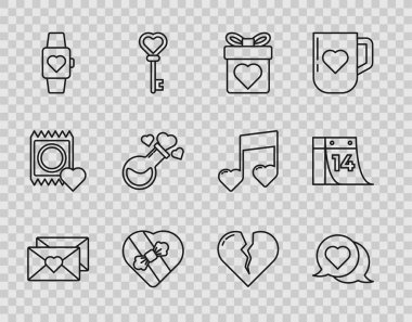 Zarfta sevgililer günü kalbi, kalp konuşma balonu, hediye kutusu, Candy şeklinde, merkez kol saati, şişe aşk iksiri, kırık ya da boşanma ve Takvim 14 Şubat ikonu var. Vektör
