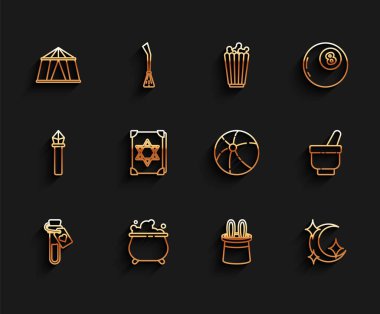 Aşk iksiri şişesi, cadı kazanı, sirk çadırı, sihirbaz şapkası ve tavşan kulağı, ay yıldızları, antik sihirli kitap, havan topu ve Beach Ball ikonu. Vektör