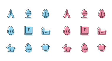 Sabit hat, Paskalya tavşanı, kırık yumurta, dua eden eller, yumurta tenceresi, kutsal İncil kitabı, kilise binası ve tavuk tezgahı ikonu. Vektör