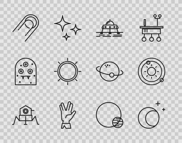 Set line Mars rover, Luna e stelle, Vulcano saluto, Satellite, Sole, Pianeta e icona del sistema solare. Vettore — Vettoriale Stock