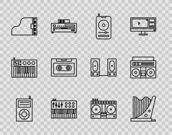 Set line Music MP3 player, Harp, synthesizer, Grand piano, Retro audio cassette tape, DJ remote for playing mixing music and Home stereo with two speakers icon. Vector — Stock Vector