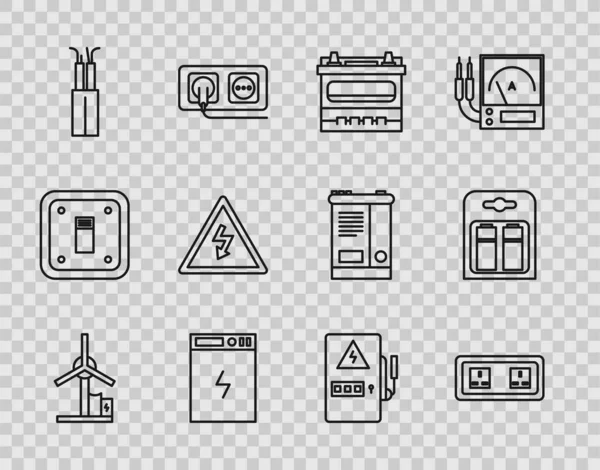 Set line Vindturbin, Eluttag, Bilbatteri, Strömbank, kabel, Högspänningsskylt, panel och Batteripack ikon. Vektor — Stock vektor