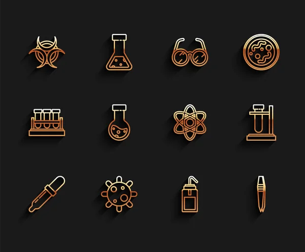 Állványra és Atom ikonra állított csővezeték, baktériumok, biológiai veszély szimbólum, laboratóriumi mosóüveg, csipeszek, kémcső és lombikvegyszer. Vektor — Stock Vector