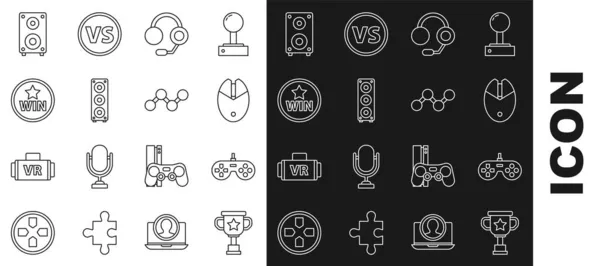 Set line Award cup, Gamepad, Počítačové hry myší, Sluchátka, Stereo reproduktor, Medaile, a Share icon. Vektor — Stockový vektor