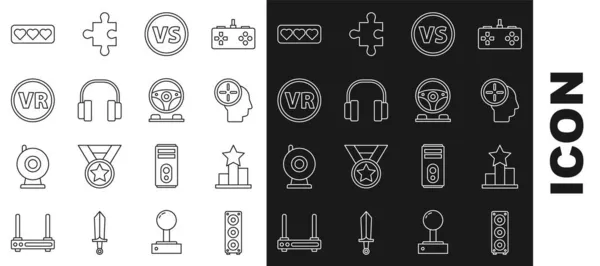 Set line Haut-parleur stéréo, étoile, concept de chasse à la tête, VS Versus bataille, casque, lunettes de réalité virtuelle, Like et coeur et icône du cockpit du simulateur de course. Vecteur — Image vectorielle