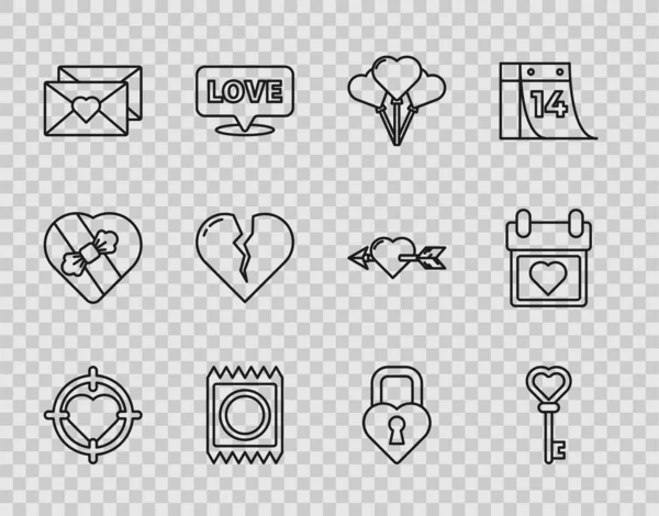 Set line Heart in the center of darts target aim, Key heart shape, Balloons form, Condom package, Envelope with Valentine, Broken divorce, Castle and Calendar icon. Vector — Stock Vector