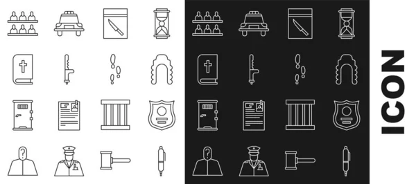 Set line Pen, Insignia de policía, Peluca de juez, Bolsa de pruebas y cuchillo, bastón de goma, Libro de la Sagrada Biblia, Jurados y Pasos icono. Vector — Vector de stock