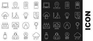 Satır Ağı bulut bağlantısını, büyüteç, sertifika şablonu, çevrimiçi kitap mobili, öğrenci çalışan dizüstü bilgisayarı, Cloud online kütüphanesi, dizüstü bilgisayar ve fikir simgesi kavramına sahip ampulü ayarla. Vektör